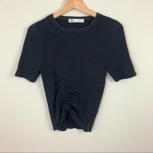 Zara Black Drawstring Front Short Sleeve Sweater Tee - Picture 2 of 11